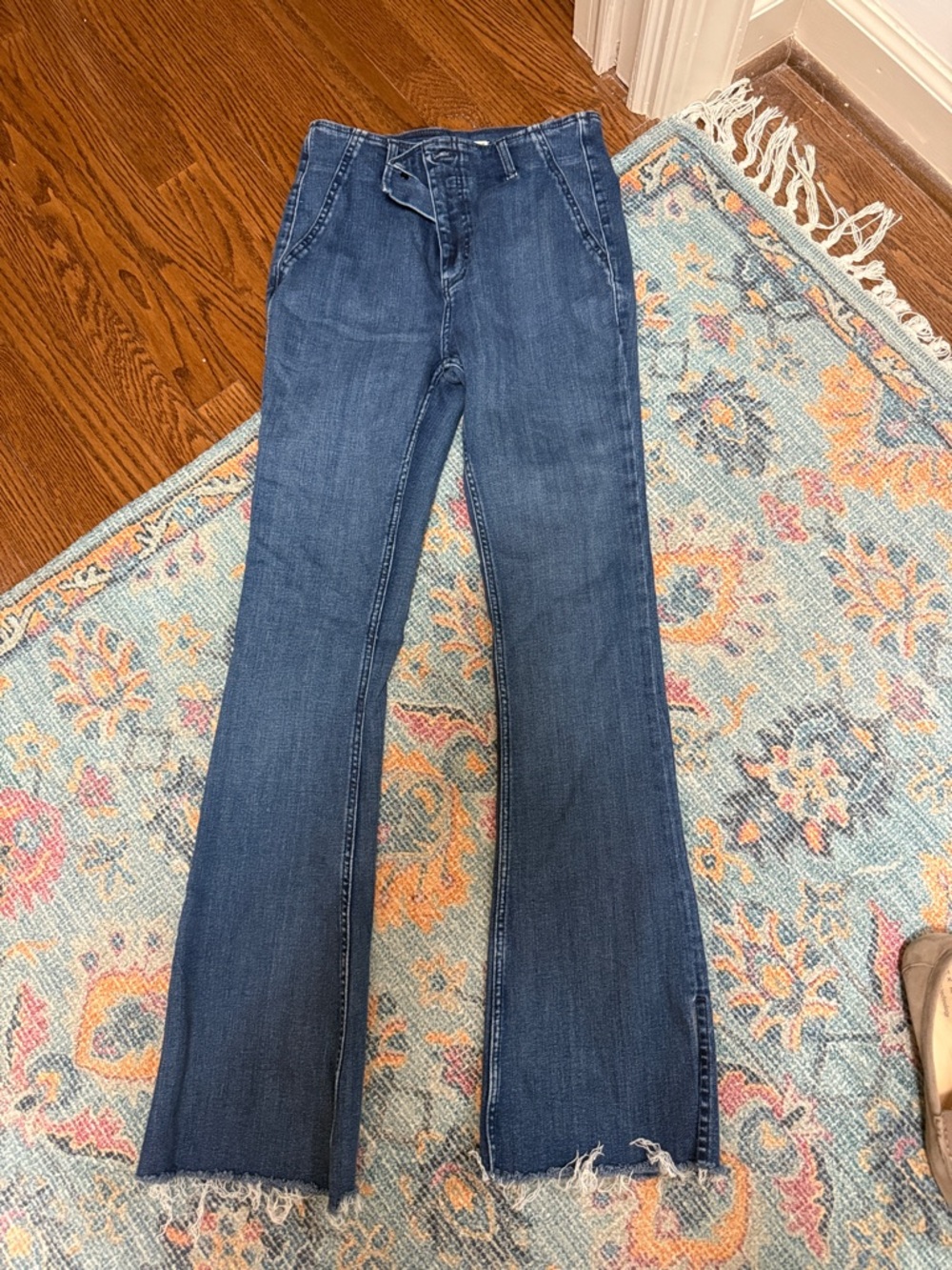 Free People Mid-Blue Flare Jeans with Raw Hem